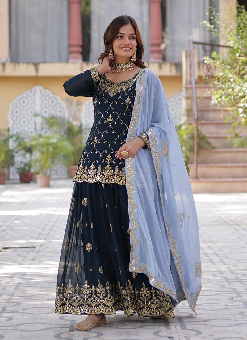 Dark Teal Blue Faux Georgette Embroidered Sequins Palazzo Suit