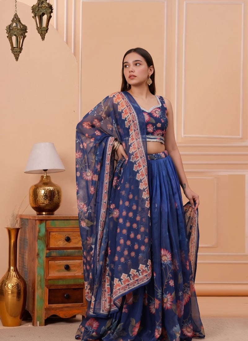 Dark Blue Faux Georgette Floral Digital Printed Lehenga After Six Wear