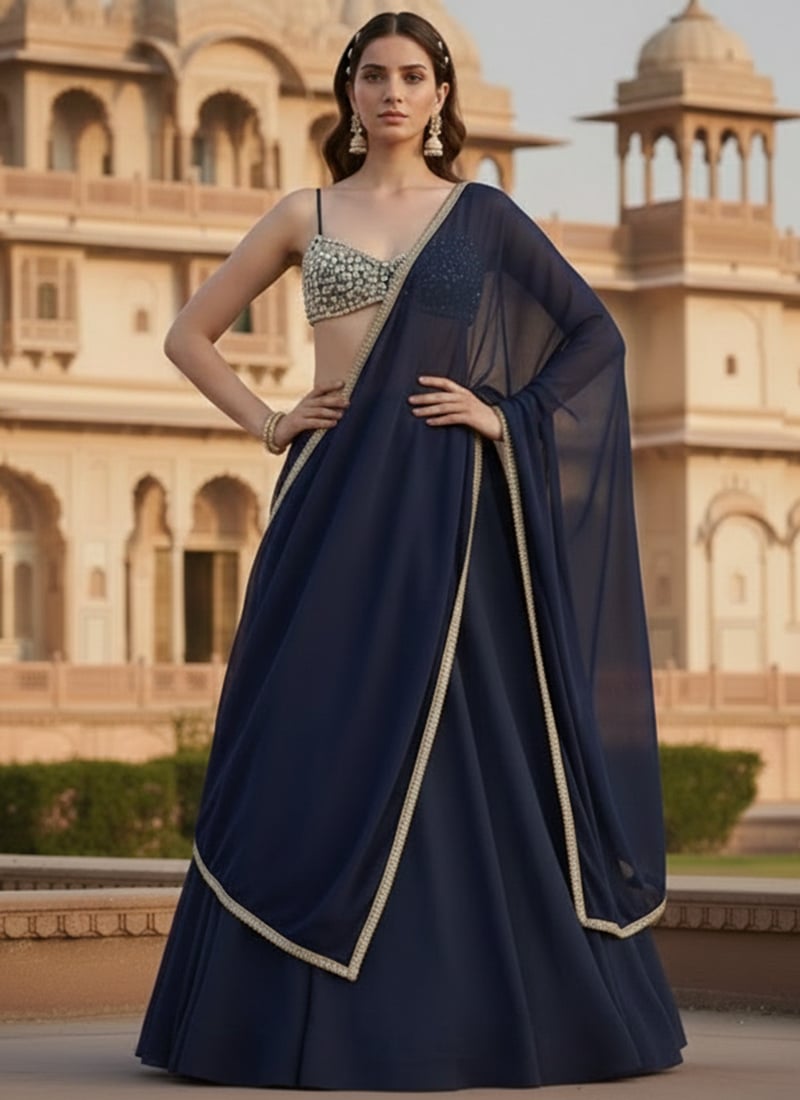 Dark Blue Georgette Beads Stones Hand Embroidered Lehenga Wedding Wear