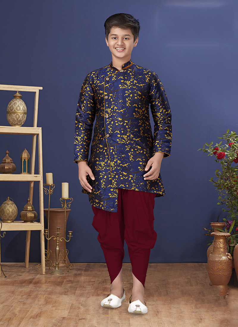 Dark Blue Heavy Silk Boys Indowestern Sherwani