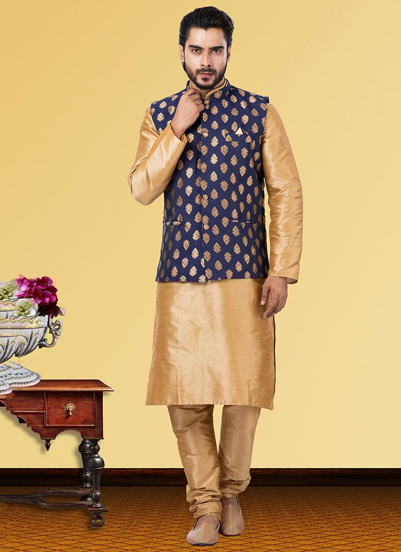 Dark Blue Jacquard Silk Bandi Set Party Wear