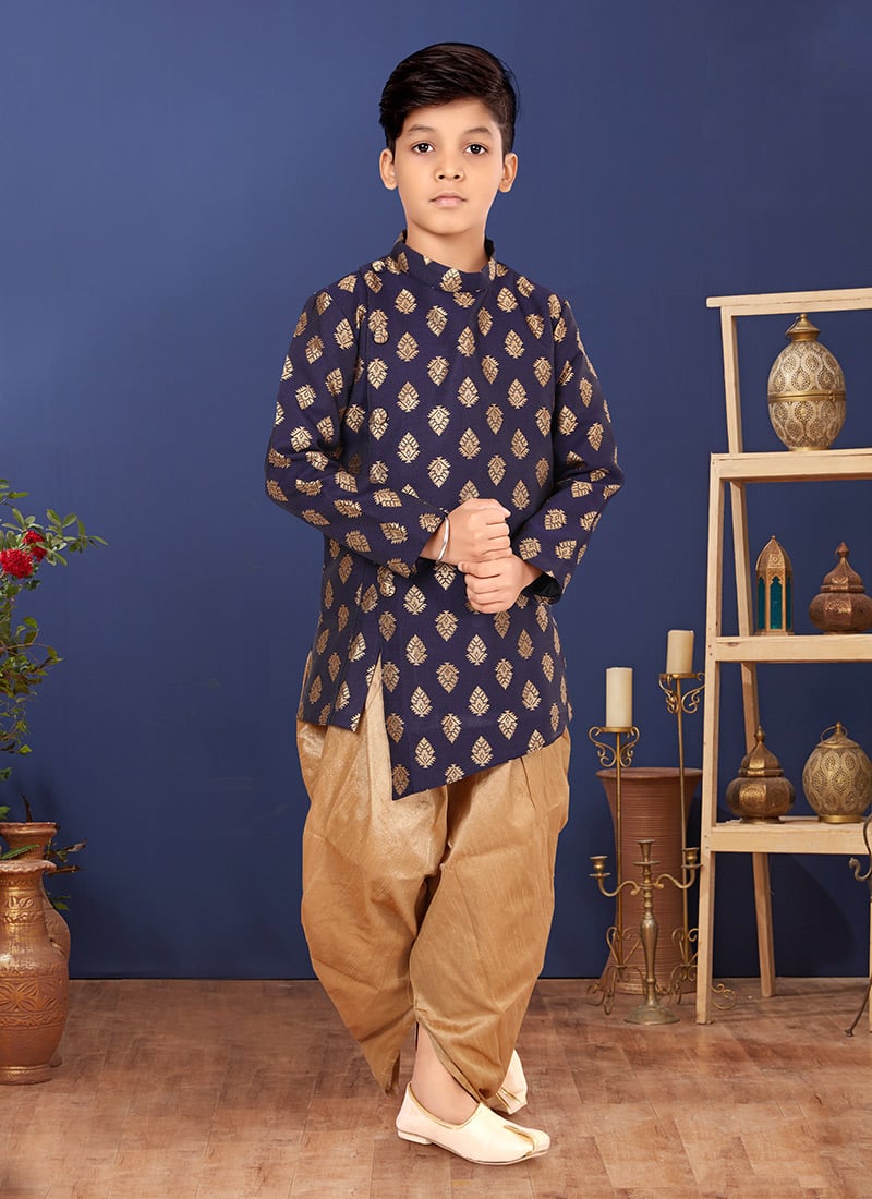 Dark Blue Jacquard Silk Boys Indowestern Sherwani Party Wear