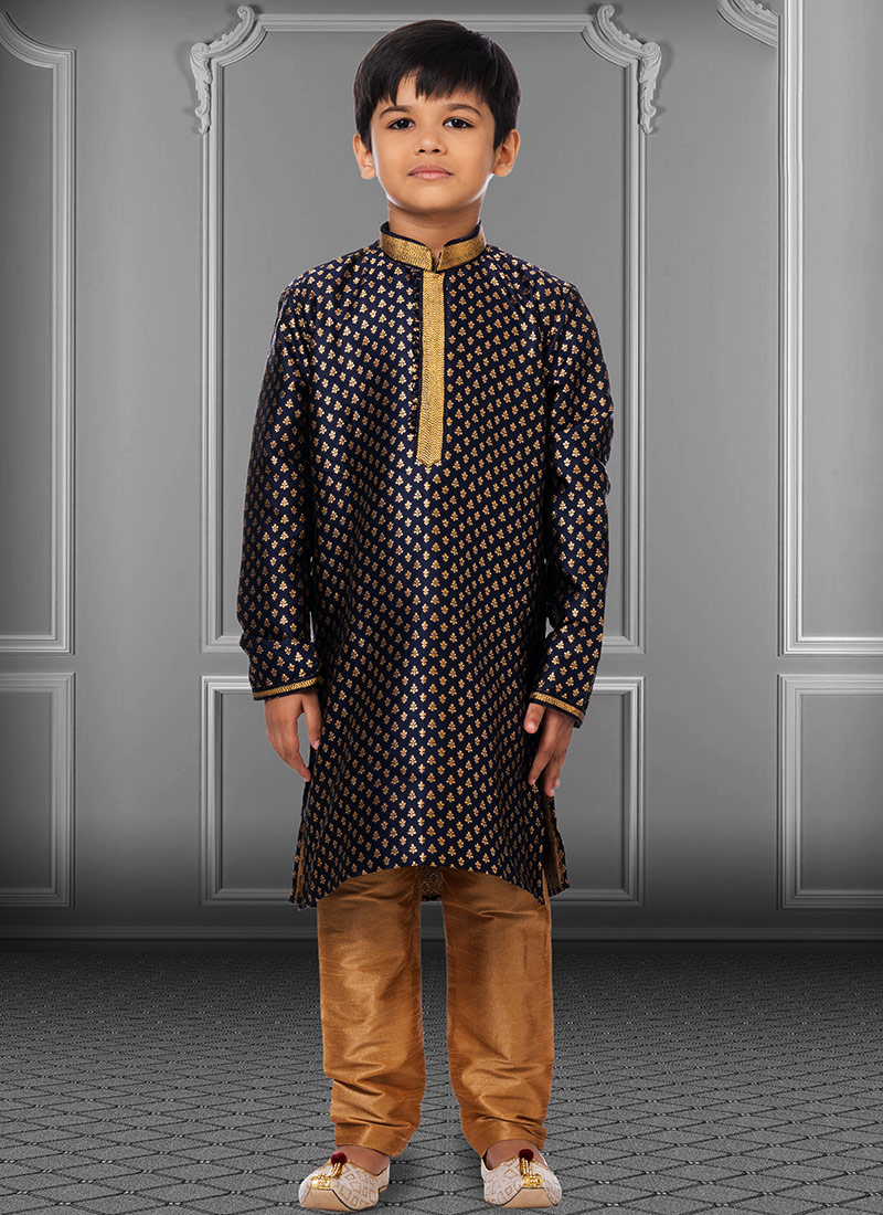 Dark Blue Jacquard Silk Boys Kurta Pyjama Party Wear
