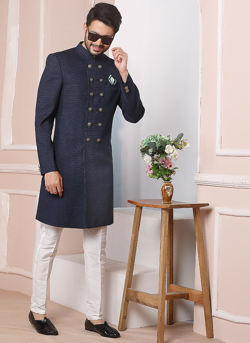 Dark Blue Jacquard Silk Indowestern Sherwani Wedding Wear