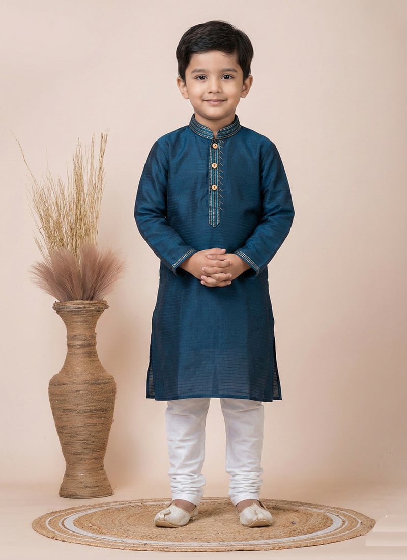 Dark Blue Jacquard Silk Kids Boys Kurta Pyjama  Festive Wear