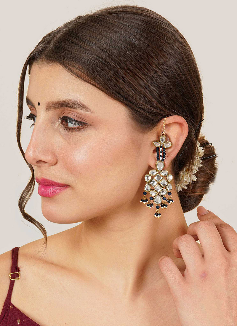 Dark Blue Kundan And Beads Danglers After Six Wear