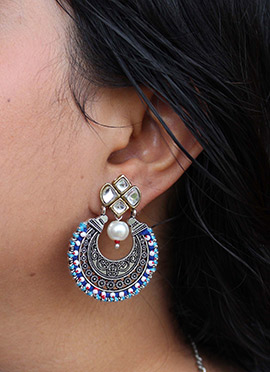 Dark Blue Kundan And Moti Chaand Bali