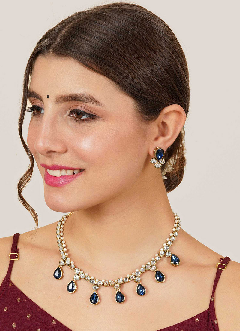 Dark Blue Kundan And Moti Necklace Festive Wear