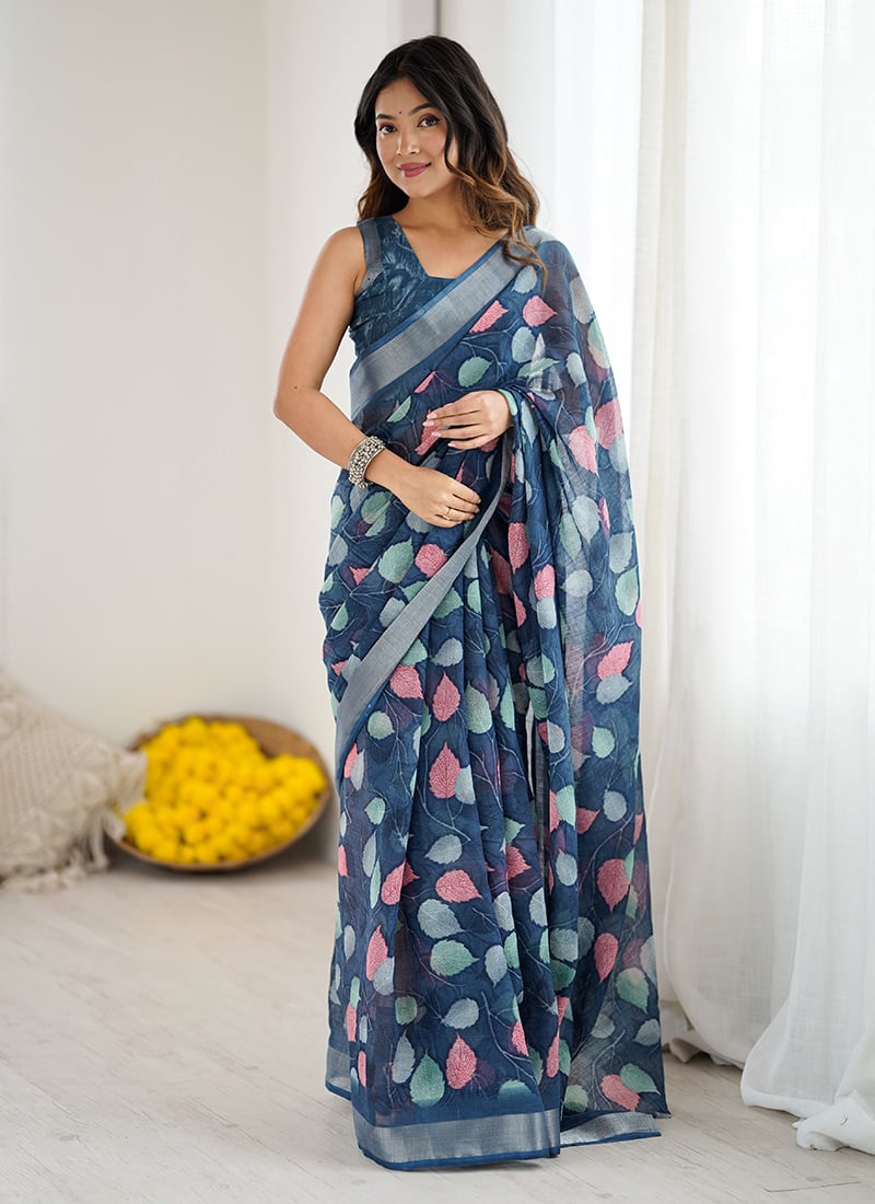 Dark Blue Linen Printed Saree After Six Wear