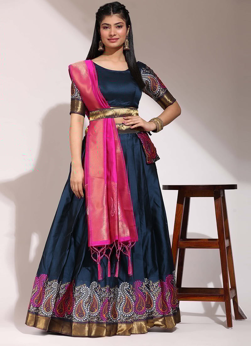 Dark Blue Litchi Silk Zari Jacquard Lehenga Festive Wear