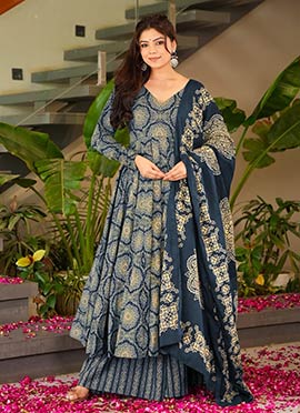 Dark Blue Muslin Digital Print Anarkali Suit