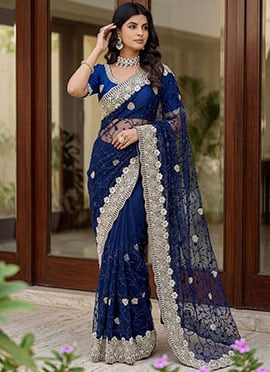 Dark Blue Net Embroidered With Beads Work Saree
