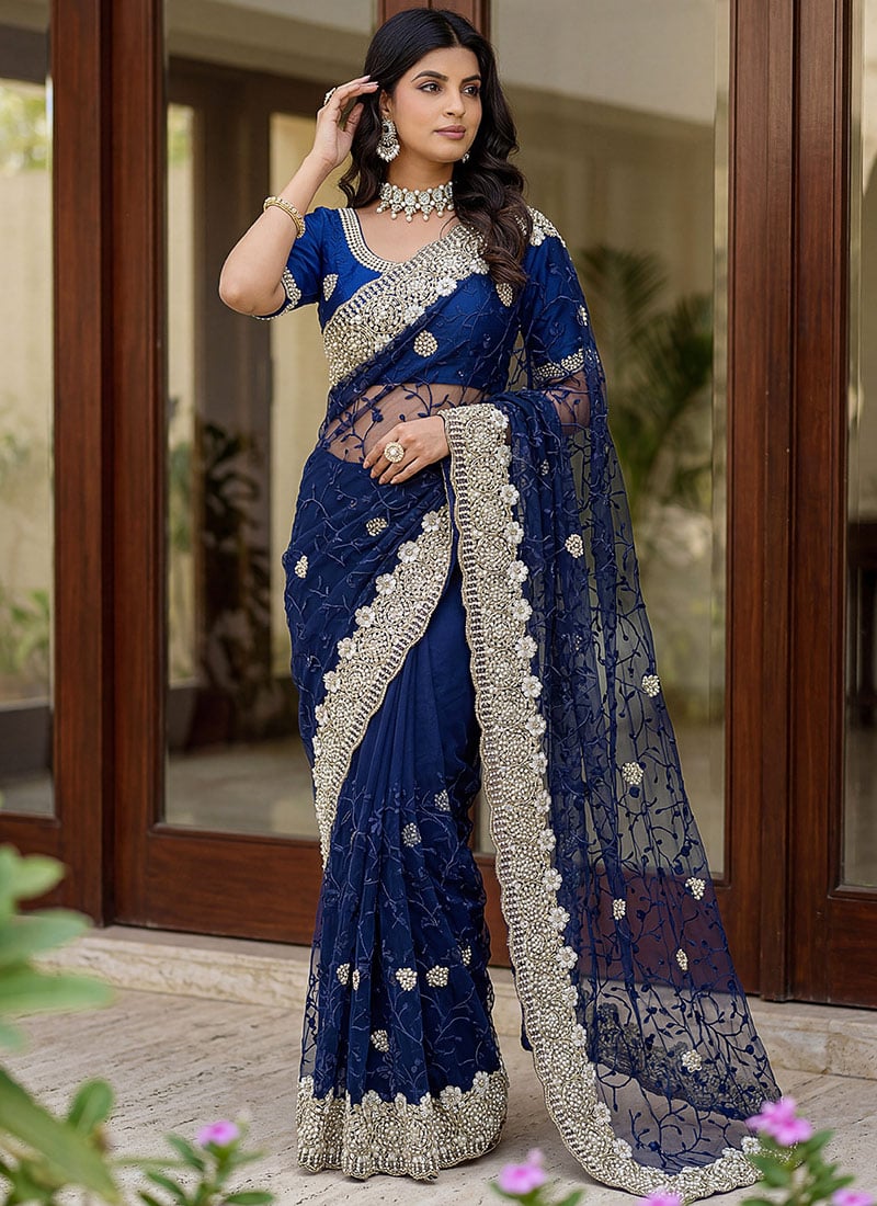 Dark Blue Net Embroidered With Beads Work Saree After Six Wear