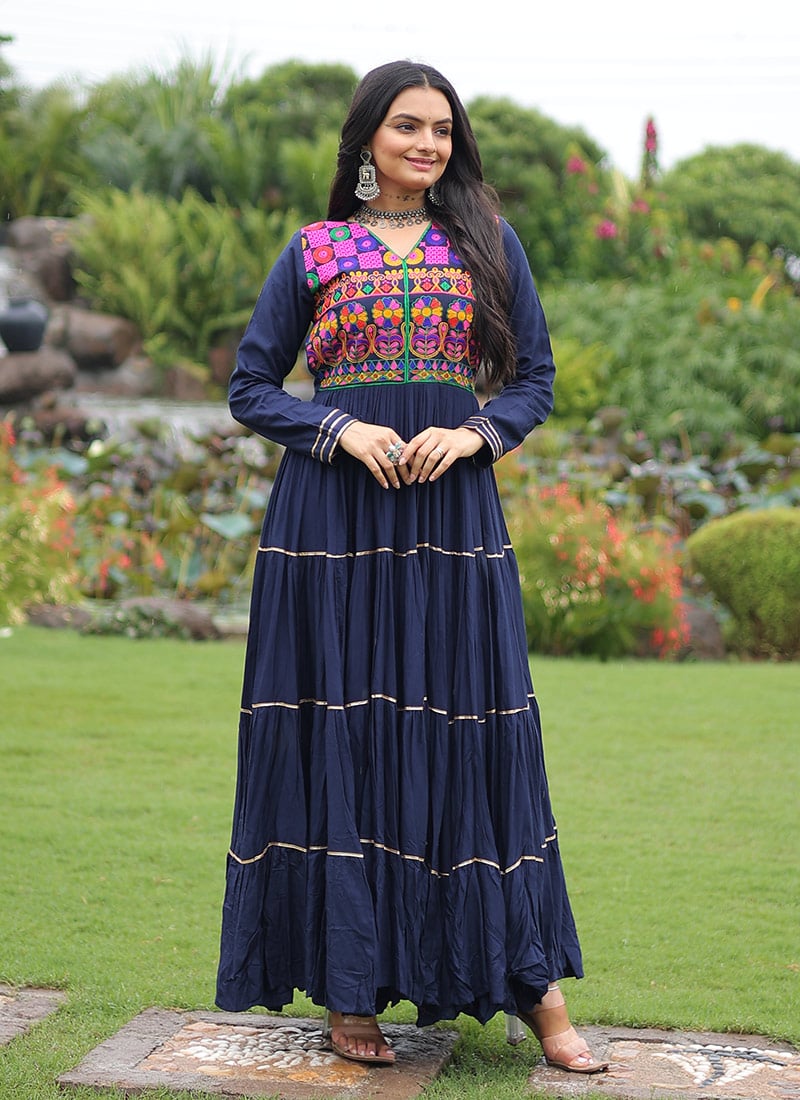 Dark Blue Rayon Kutch Gamthi Lace Work Anarkali Gown After Six Wear