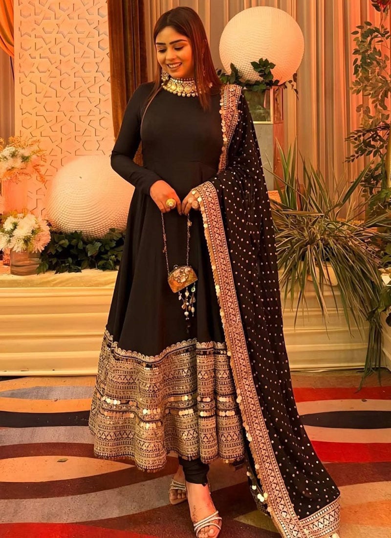 Dark Blue Silk Embroidered Sequins Anarkali Suit Festive Wear