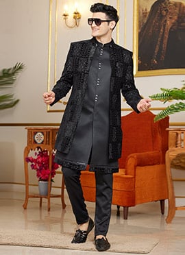 Dark Blue Silk Embroidered Sequins Indowestern Sherwani