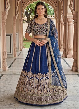 Dark Blue Silk Embroidery Sequins Lehenga