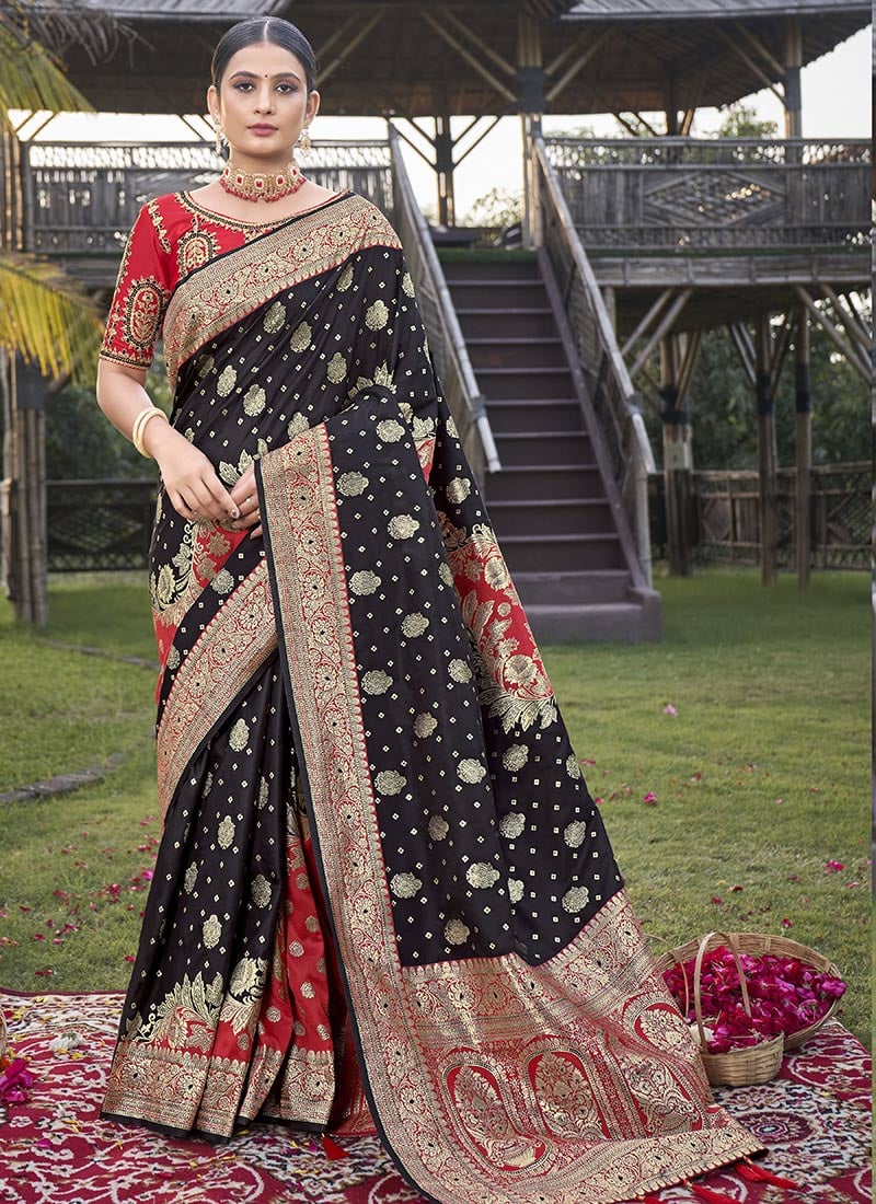 Black Silk Jacquard Woven Pongal Special Saree Festive Wear