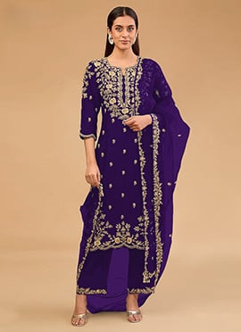 Dark Blue Silk Zari Embroidered Sequins Straight Pant Suit