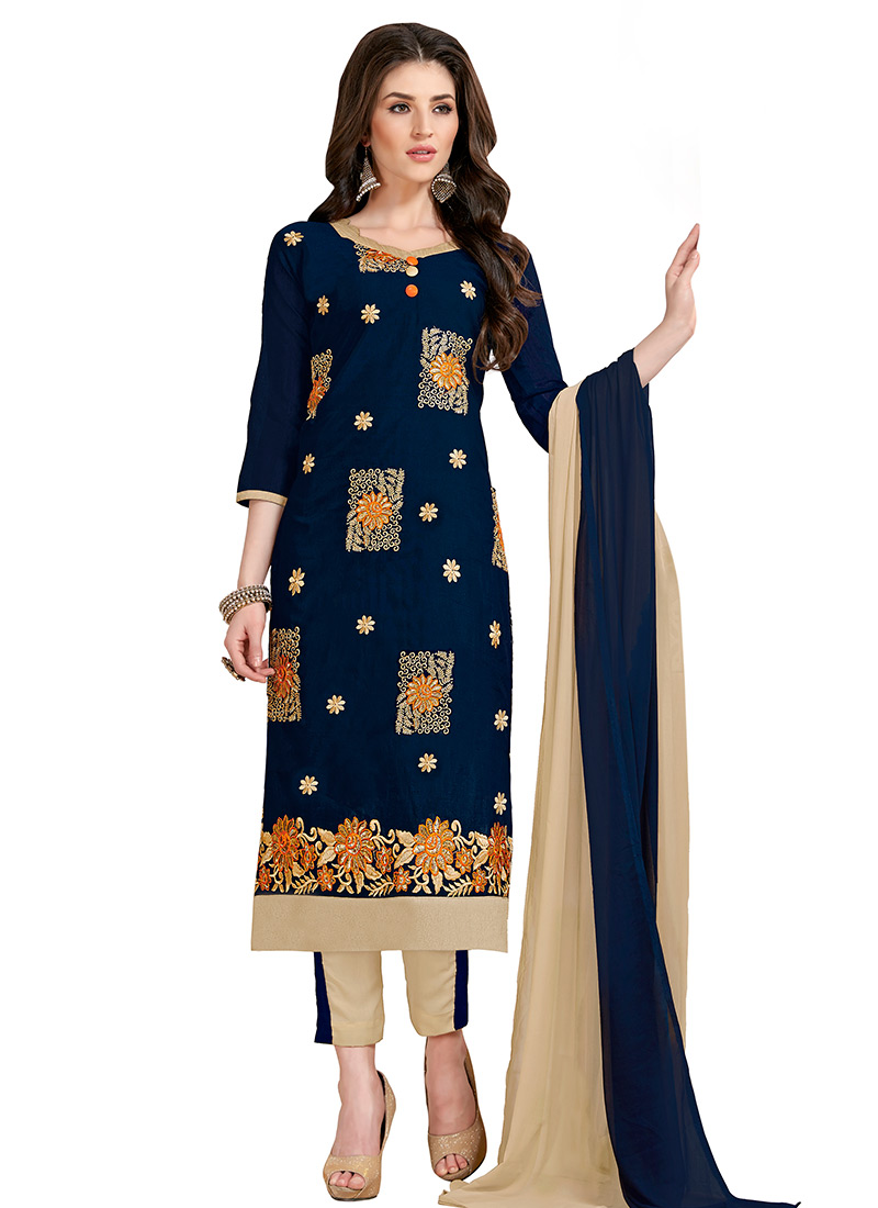 Buy Navy Blue Straight Pant Suit, Chanderi , Embroidered, straight pant