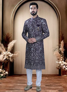 Dark Blue Terry Rayon Zari Embroidered Sequins With Stone Work Indowestern Sherwani