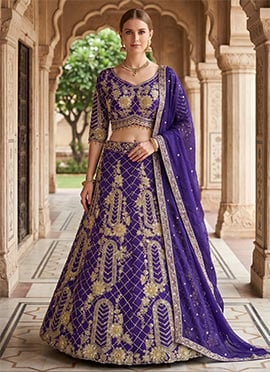 Dark Blue Tubby Silk Embroidery Sequins Lehenga