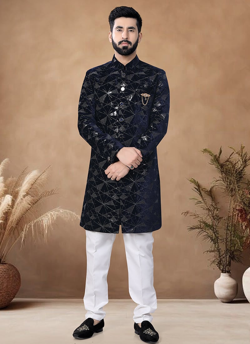 Dark Blue Velvet Embroidered And Sequins Thread Classic Sherwani Wedding Wear