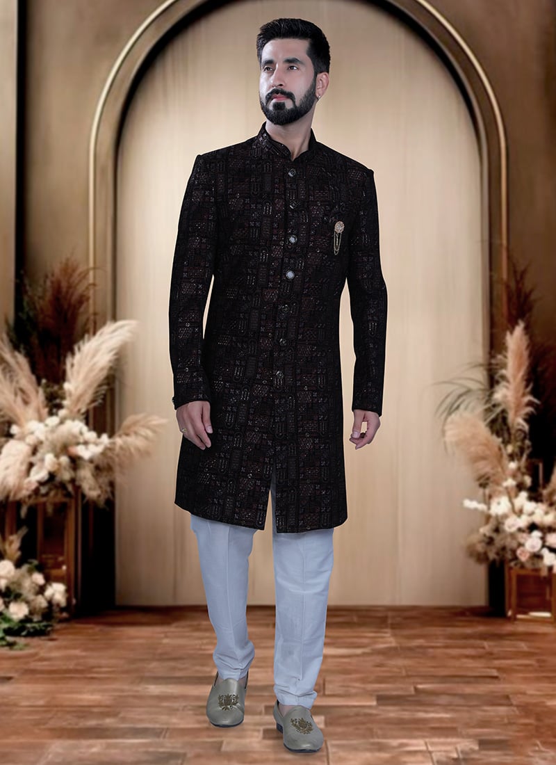 Dark Blue Velvet Embroidered Sequins Indowestern Sherwani  For Men Wedding Wear