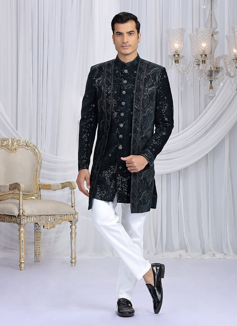 Dark Blue Velvet Silk Embroidered Sequins Zari Indowestern Sherwani Wedding Wear