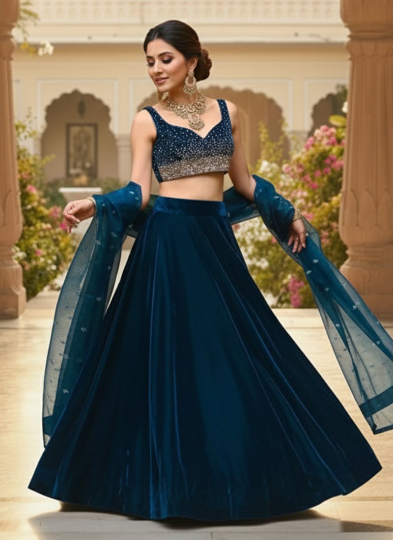 Teal Velvet Zari Sequins Lehenga Wedding Wear