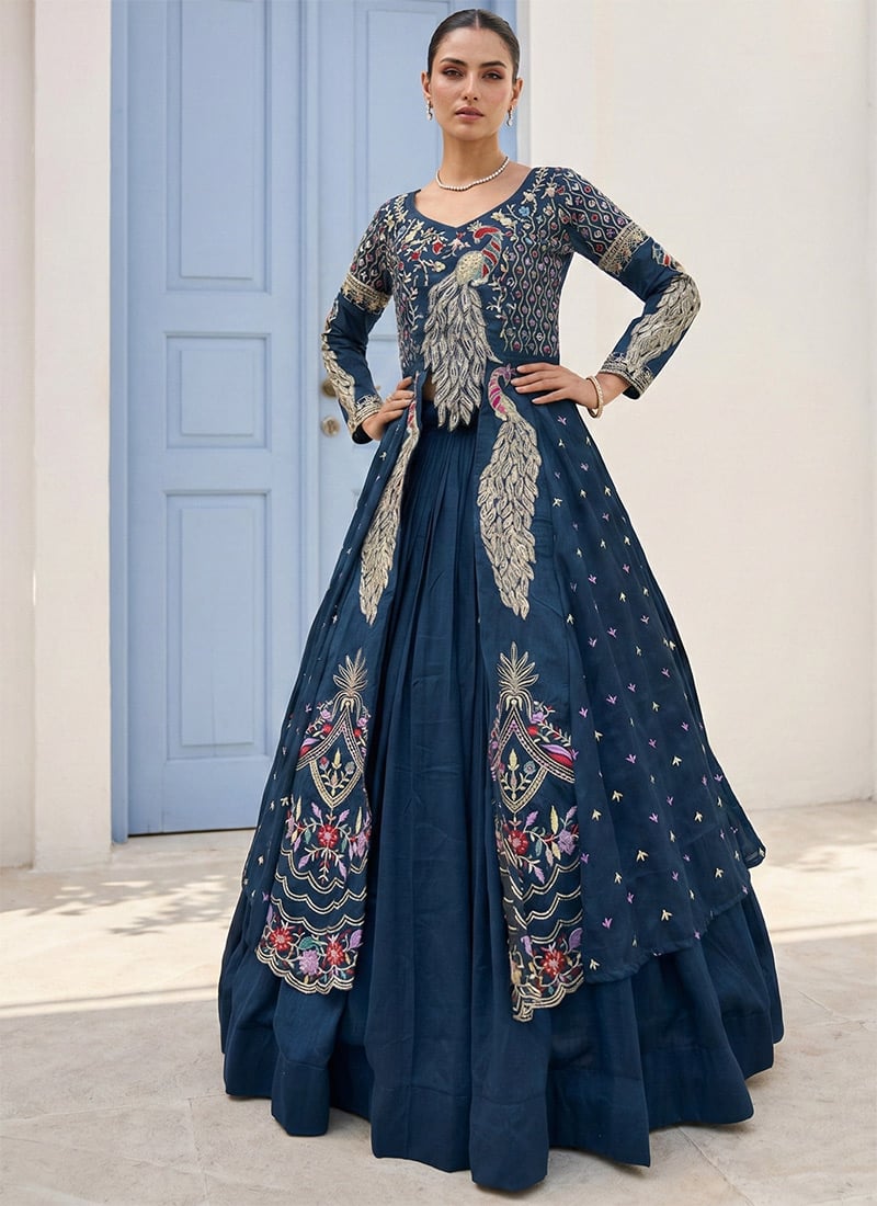 Dark Blue Vichitra Silk Embroidered Sequins Long Choli Lehenga Set Festive Wear