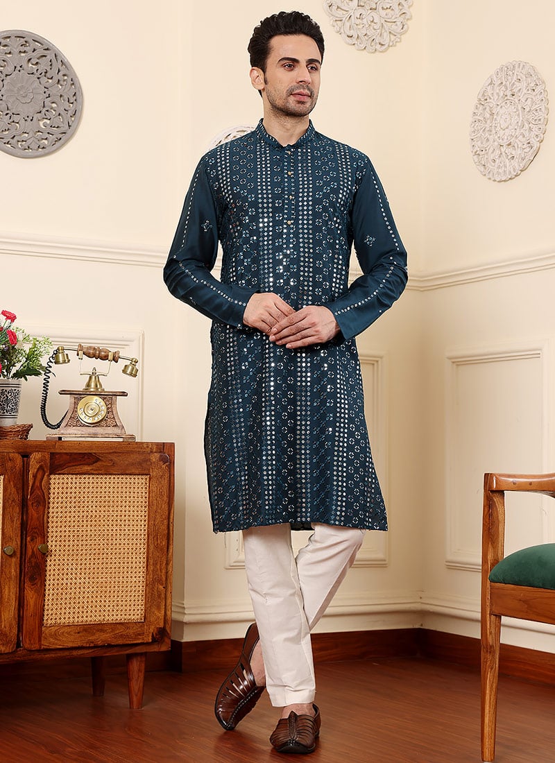 Dark Blue Viscose Silk Embroidered Sequin Kurta For Men