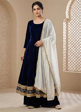 Dark Blue Viscose Velvet Embroidered Anarkali Suit
