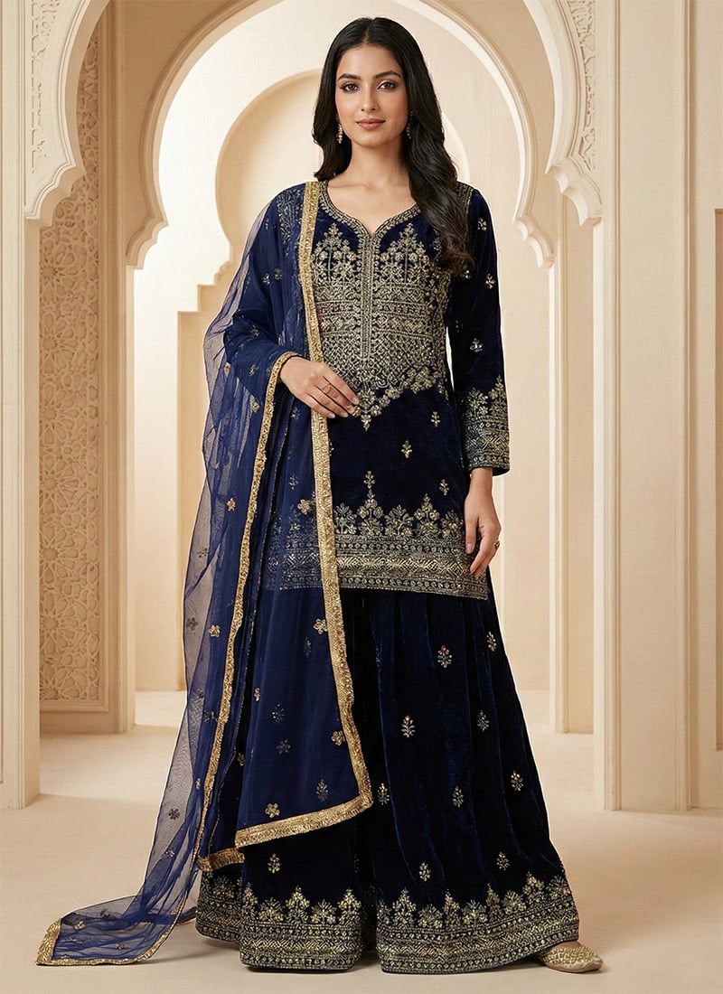 Dark Blue Viscose Velvet Embroidered Sequins Palazzo Suit Festive Wear
