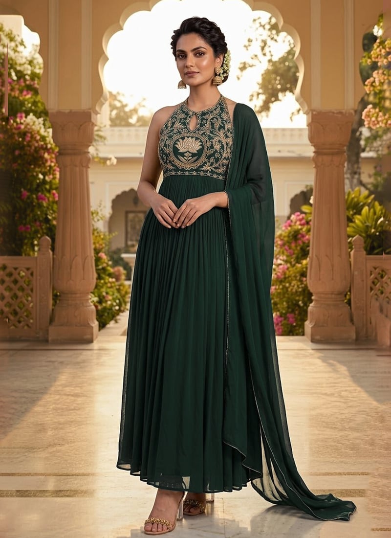 Dark Bottle Green Georgette Zari Sequins Halter Neck Anarkali Suit Festive Wear
