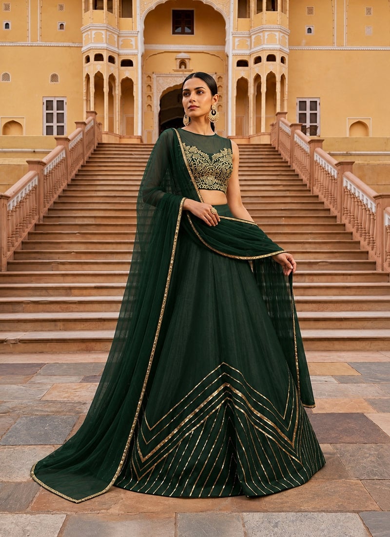 Dark Bottle Green Organza Cutdana Beads Hand Embroidered Lehenga Festive Wear
