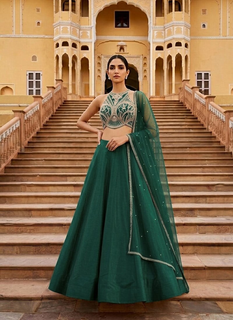 Dark Bottle Green Silk Cutdana Sequins Hand Embroidered Halter Neck Lehenga Festive Wear