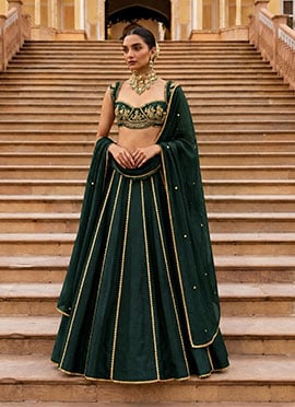 Dark Bottle Green Silk Hand Embroidered Cutdana Sequins Beads Lehenga