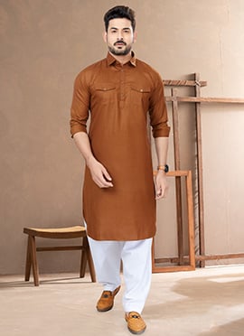 Dark Brown Cotton Pathani Set For Men