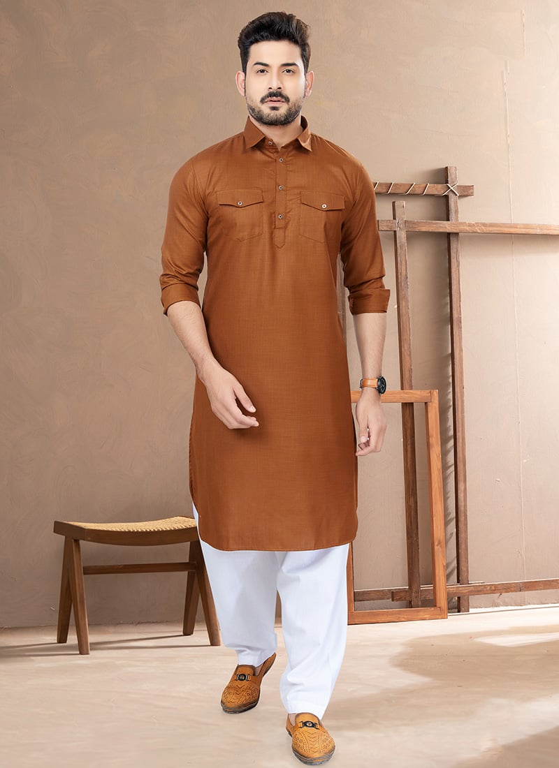 Dark Brown Cotton Pathani Set For Men Festive Wear