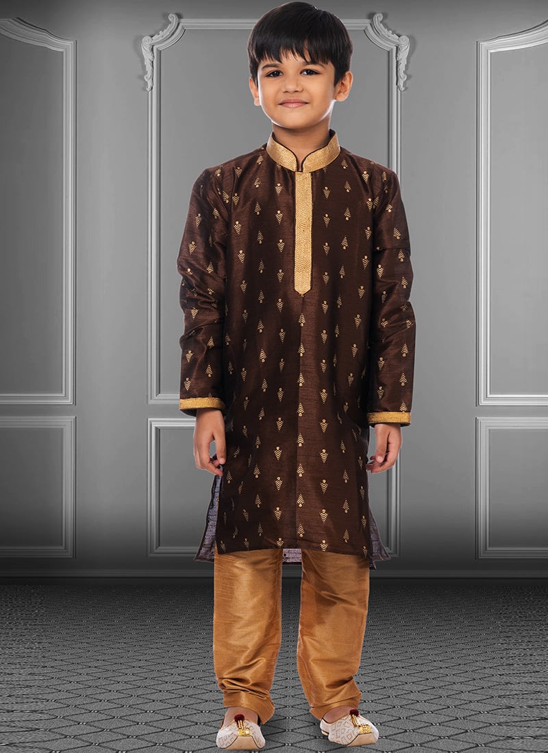 Dark Brown Dhupion Silk Foil Printed Boys Kurta Pyjama Party Wear