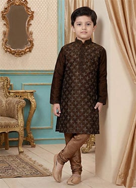 Dark Brown Dupion Silk Embroidered Kids Boys Kurta Pyjama