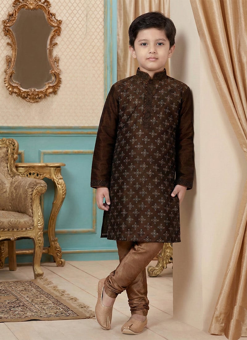 Dark Brown Dupion Silk Embroidered Kids Boys Kurta Pyjama Festive Wear