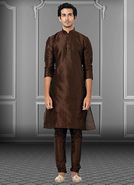 Dark Brown Dupion Silk Soild Plain Kurta Pyjama
