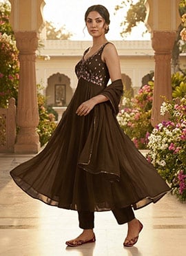 Dark Brown Georgette Cutdana Sequins Hand Embroidered Anarkali Suit