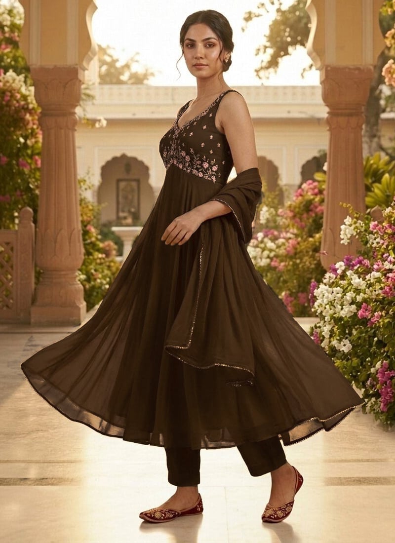 Dark Brown Georgette Cutdana Sequins Hand Embroidered Anarkali Suit Festive Wear