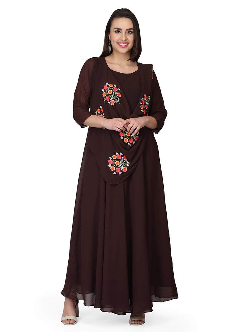 Dark Brown Georgette Embroidery Long Kurti Party Wear