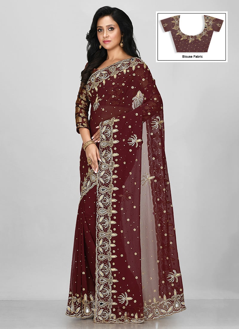 Dark Brown Georgette Hand Work Saree Festive Wear