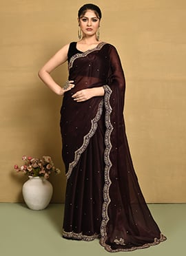 Dark Brown Organza Hand Embroidered Saree