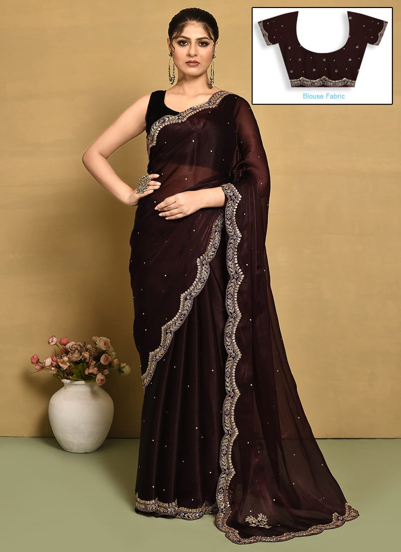 Dark Brown Organza Hand Embroidered Saree Wedding Wear